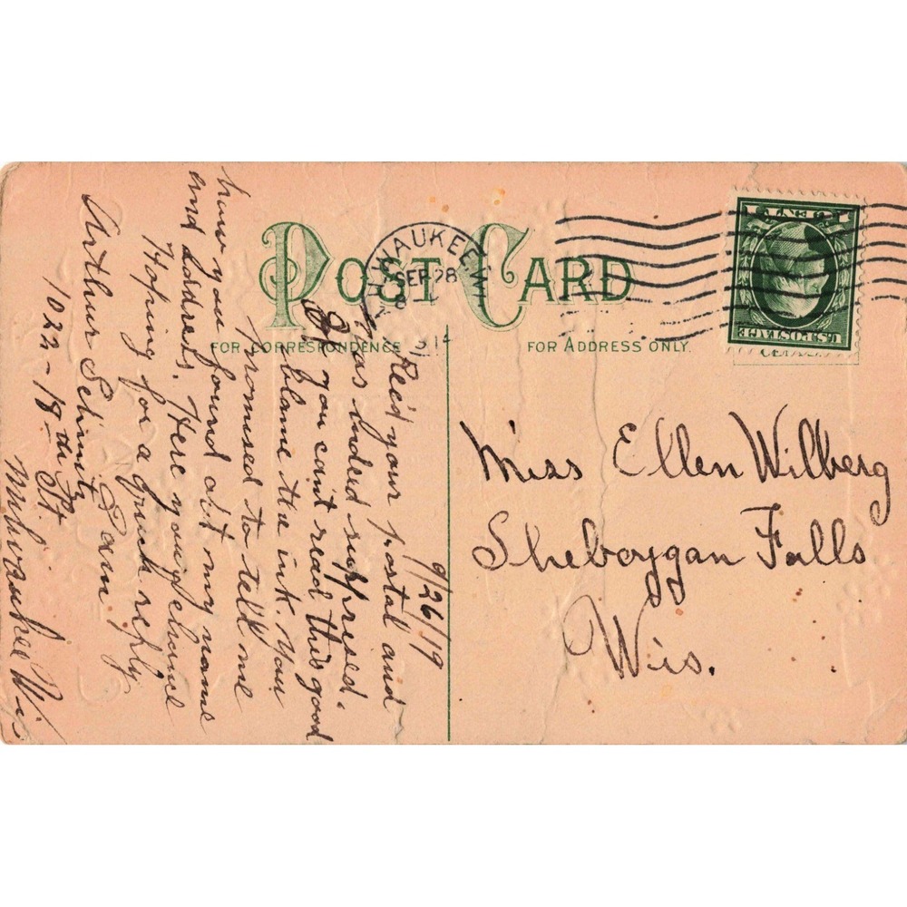 Vtg 1919 Embossed Postcard Well of Friendship Blue Flowers Milwaukee WI Posted - Picture 2 of 2